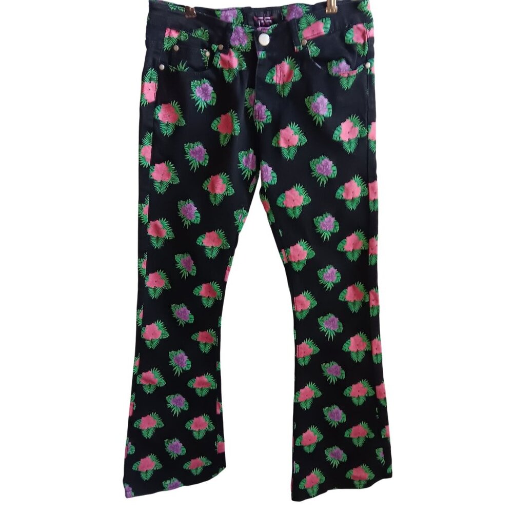 FALLON TAYLOR Women’s Jeans, 29 Floral Printed Stretch Bootcut Denim 29x33 Black